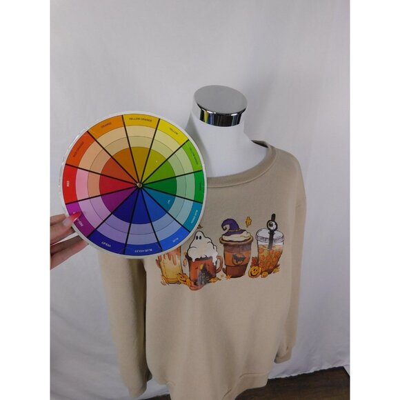 Halloween Coffee Ghost Pumpkin Sweatshirt Womens Large Beige Graphic Fall - Picture 10 of 12